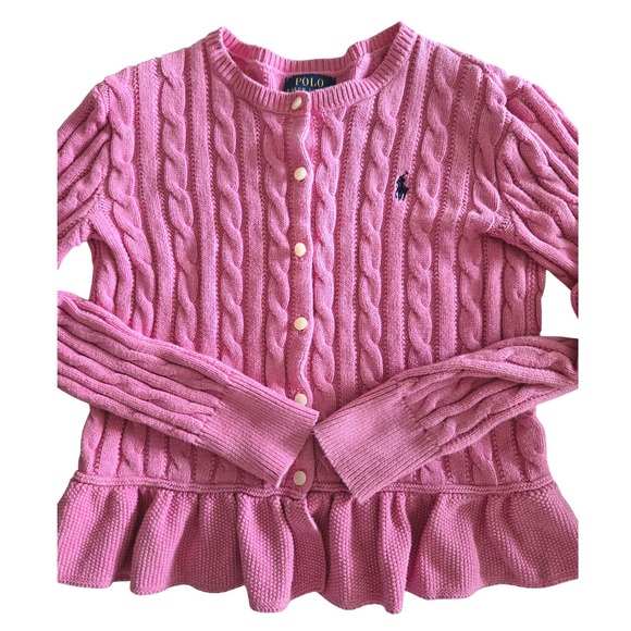 Polo Ralph Lauren Other - Polo Ralph Lauren Girls 8-10 Cardigan Pink Cable Knit Peplum Ruffle Sweater